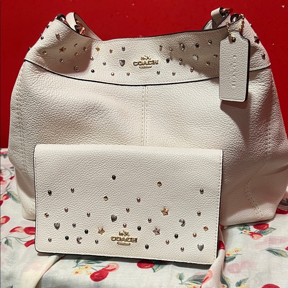 Coach Lexy Cream Studded Shoulder Bag and Wallet
